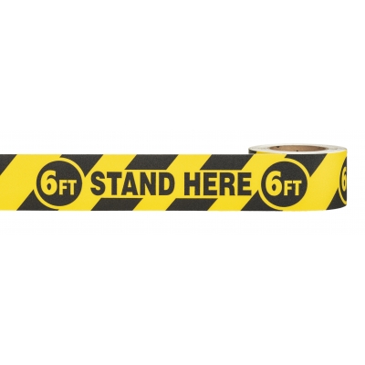 17810-9141-3546, Social Distancing Warning Anti-Skid Floor Tape - 6FT STAND HERE 6FT  - 3” x 54‚ - Black/Yellow, Flagging Direct